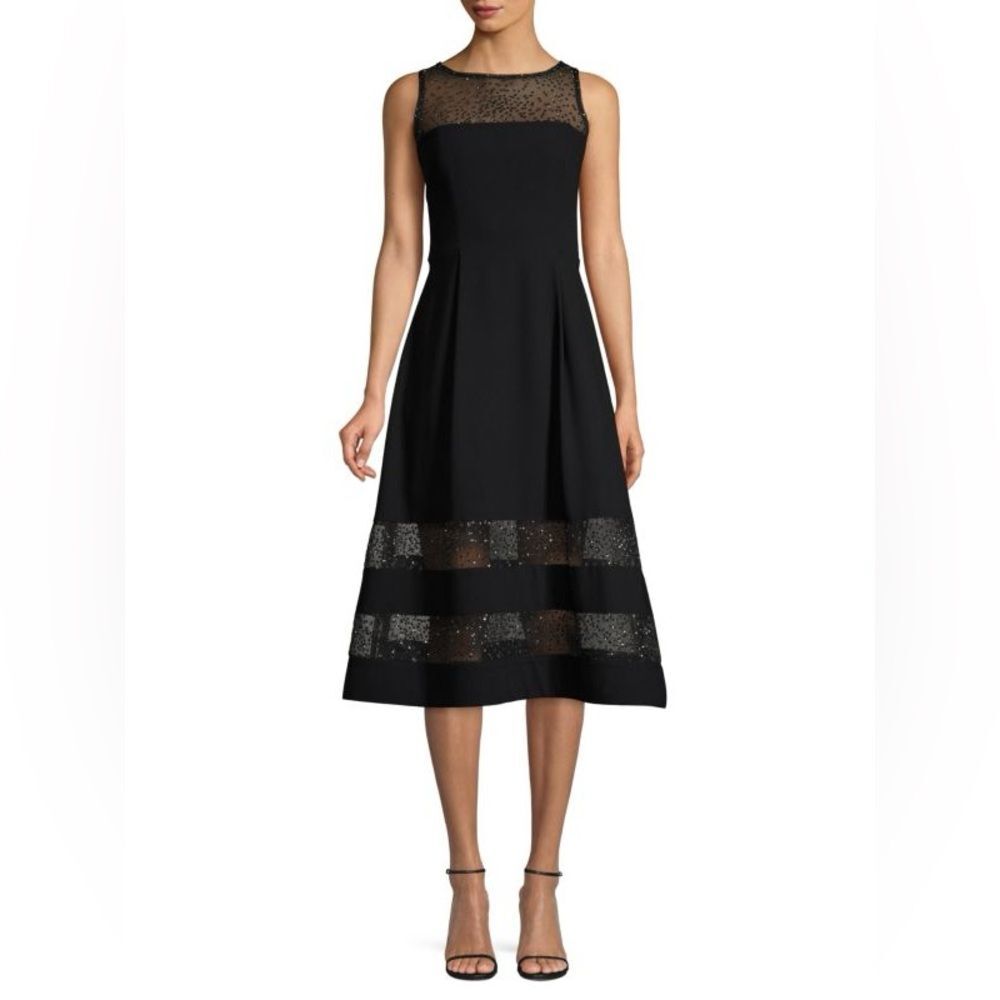 Aiden Mattox Black Fit & Flare Retro Party Dress Size 8 Metallic Florals